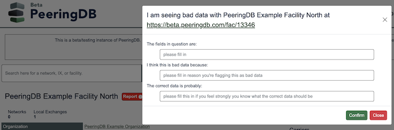 Report bad data modal
