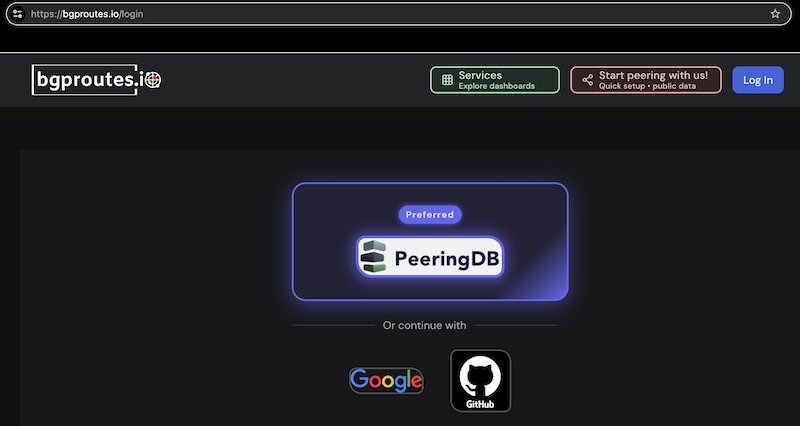 Login to bgproutes.io with PeeringDB