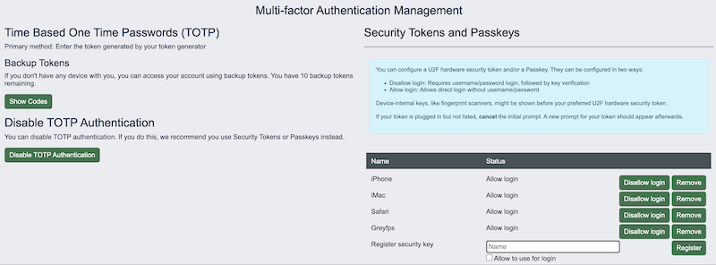 Multi-factor Authentication Management screen showing TOTP, backup tokens, and registered security keys