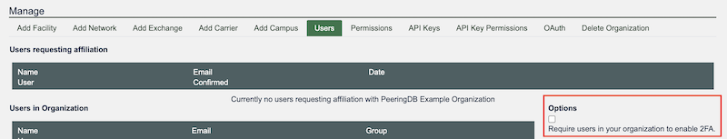 Require users in your organization to enable 2FA checkbox on the organization Users tab